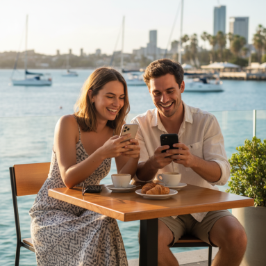 Young Australian couple at an outdoor cafe smiling at their phones while exploring hookup apps