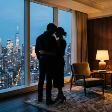 Discreet adult couple silhouette in a modern American hotel suite at dusk, illustrating married fuck buddy hookup discretion in the USA