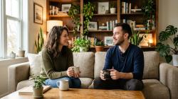 Two American adults in their late twenties sitting on a sofa having coffee, an editorial scene illustrating the difference between a fuck buddy arrangement and friends with benefits