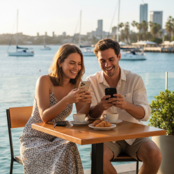 Young Australian couple at an outdoor cafe smiling at their phones while exploring hookup apps